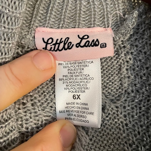 EUC Little Lass Hooded Sweater Poncho Grey Sparkle Thread Faux Fur Size 6x - Picture 7 of 7